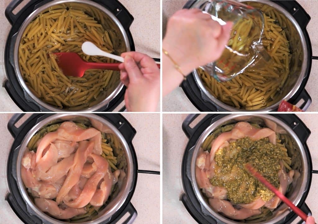 Salt, Water, Chicken and Pesto are Added to Cooking Pot