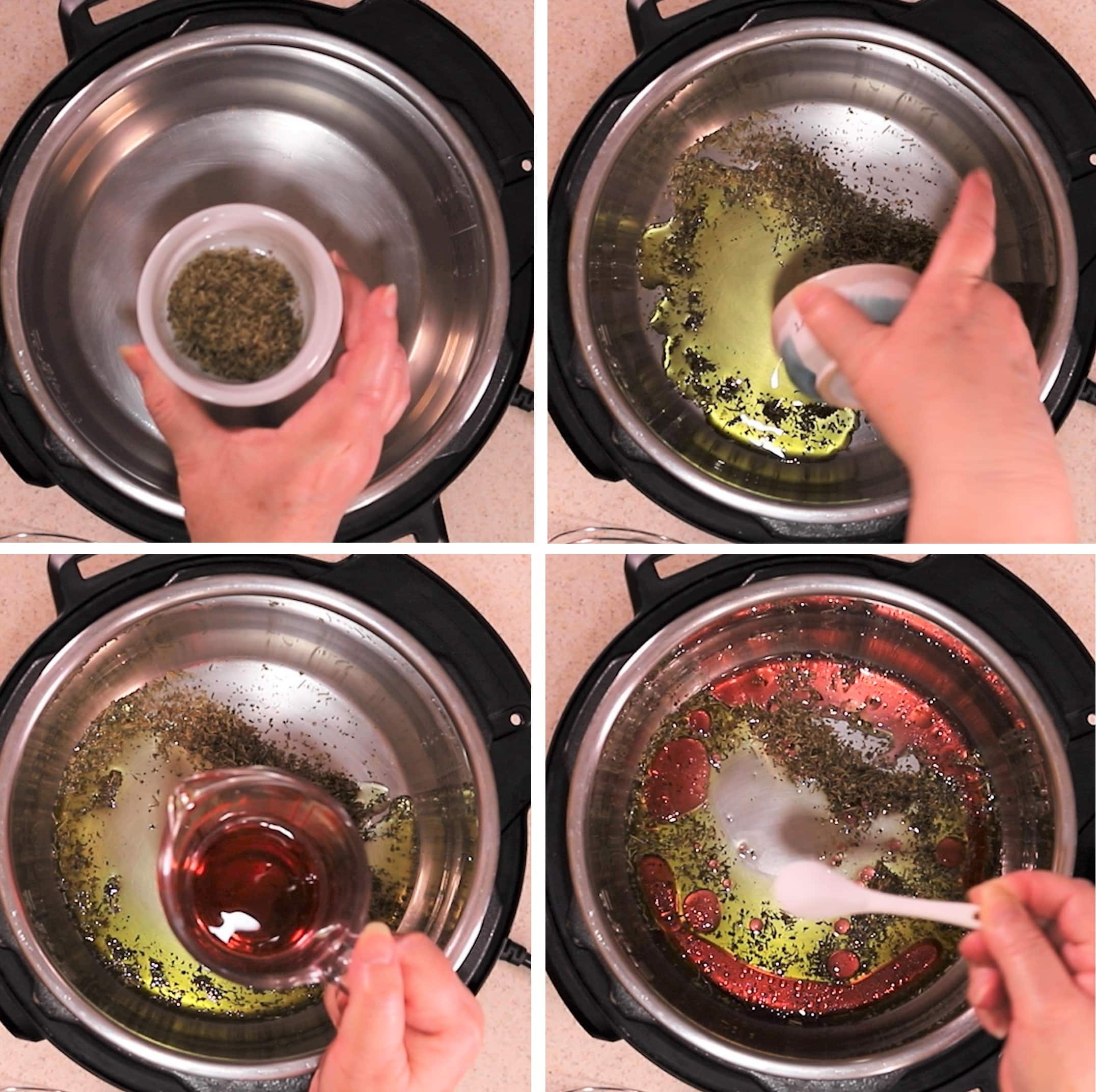 Photo of four steps adding Italian seasoning, oil, red vinegar and sugar into Instant Pot