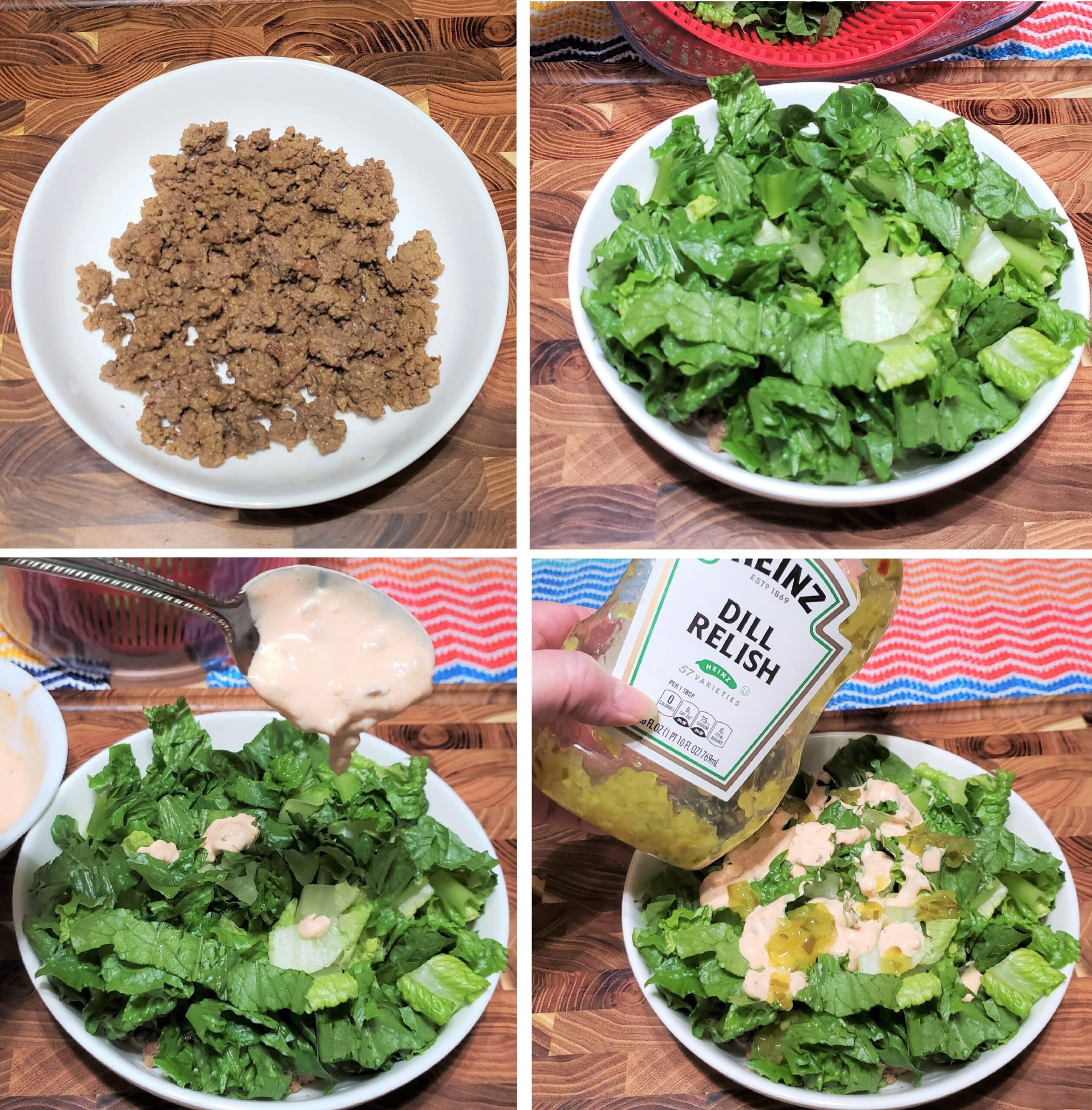 Layering on lettuce, dressing, relish and cheese