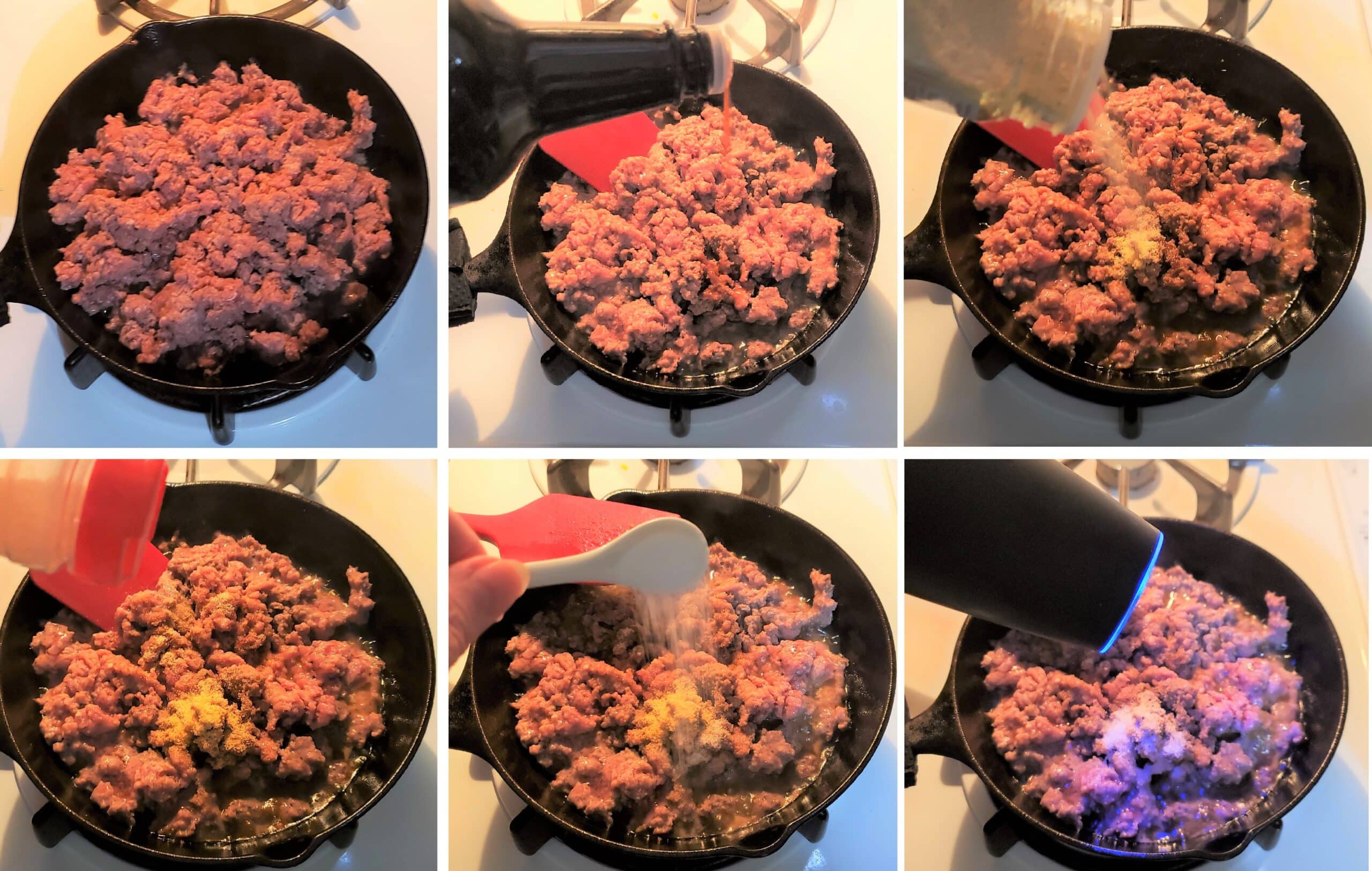 Progression of 6 seasonings for Keto Low Carb Big Mac Salad going into cast iron skillet